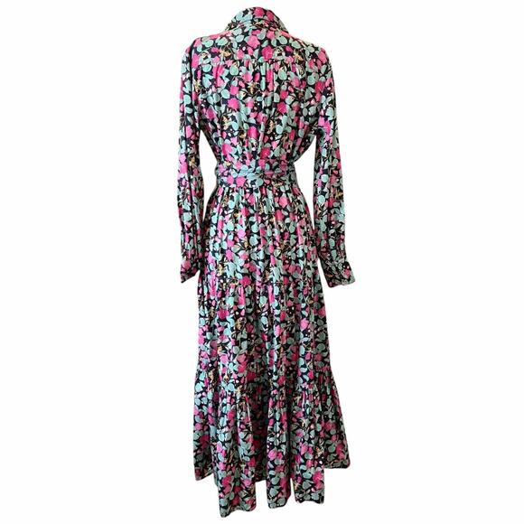 ROLLER RABBIT Shirt Maxi Dress Floral Blue Long Sleeve Cotton Button Down Medium - Picture 2 of 10